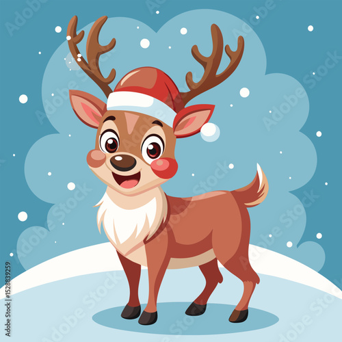 Cartoon reindeer wearing santa hat in snowy winter scene