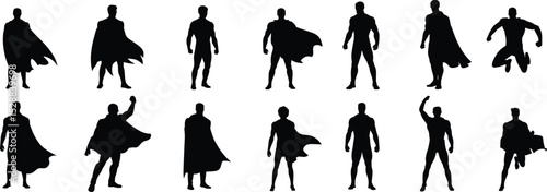 Dynamic Superhero Silhouettes: Powerful Caped Figures in Action Poses, Ideal for Comic Books, Gaming, Fantasy, and Brave Themed Projects