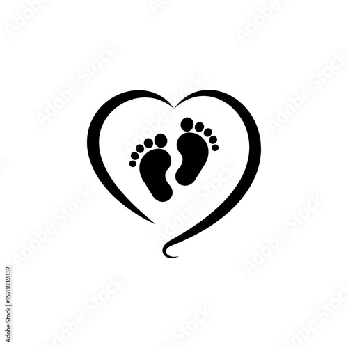 Black vector baby footprints silhouette print design. Footsteps in outline heart frame shape. Baby shower decor. New born sign icon. It's a girl,boy.Abstract love symbol.Vinyl wall sticker decal. Care