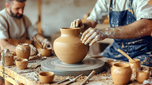 Two potters shaping clay vessels on a pottery wheel.  Hands meticulously craft a large, round pot.  Surrounding work space showcases various stages of creation, tools, and unfinished pieces