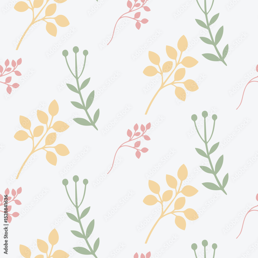 Minimal Seamless Floral Pattern with Green, Pink, and Yellow Leaves on White Background Minimal Seamless Floral Pattern with Green, Pink, and Yellow Leaves on White Background