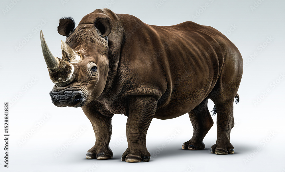 Obraz premium Majestic Rhino in natural pose: A powerful rhino stands proudly in a photorealistic portrayal, showcasing its robust build, formidable horn, and natural charm, a true symbol of wildlife conservation.