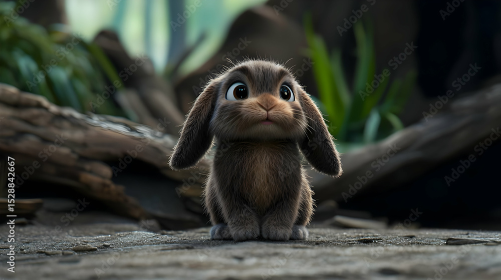 Naklejka premium Cute Small Brown Bunny In Forest