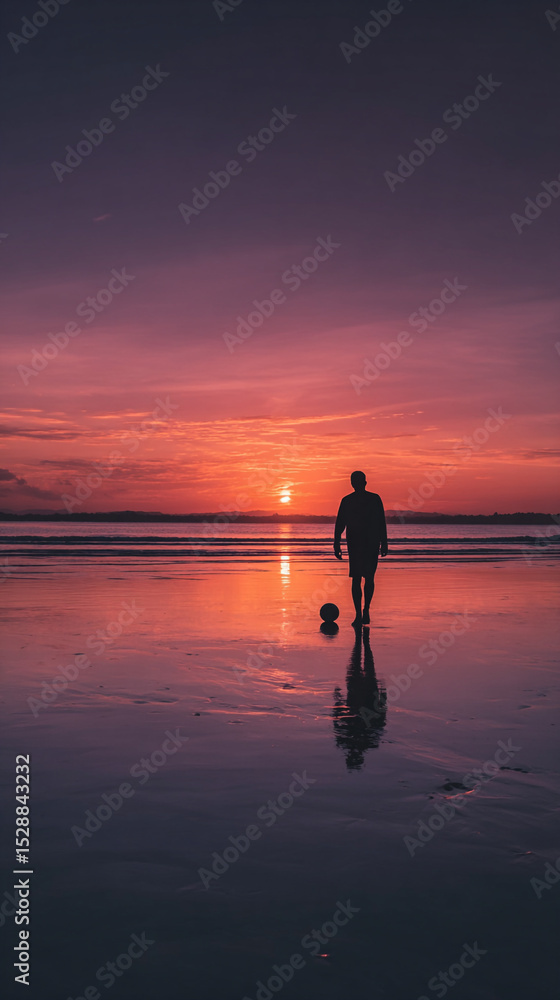 Fototapeta premium Silhouette of a person with a ball on a beach at sunset with a colorful sky reflecting on the water