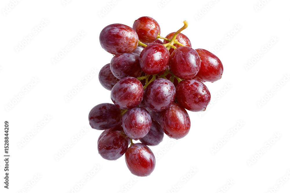 Fototapeta premium Bunch of fresh red grapes with water droplets isolated on transparent background. Ideal for food, health, and nutrition concepts