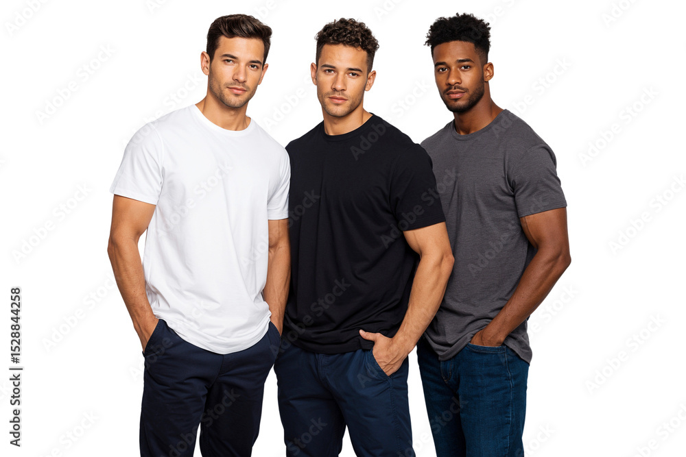 Three confident multi-ethnic men in casual t-shirts standing together with hands in pockets, isolated on transparent background. Diversity, fashion, and modern male lifestyle concept Three confident multi-ethnic men in casual t-shirts standing together with hands in pockets, isolated on transparent background. Diversity, fashion, and modern male lifestyle concept