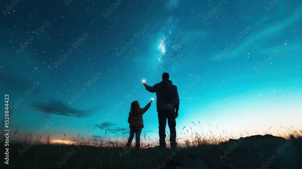 Fototapeta premium A heartwarming scene capturing a father and daughter gazing at the expansive starry sky, holding lights as they connect with the universe in a serene setting.
