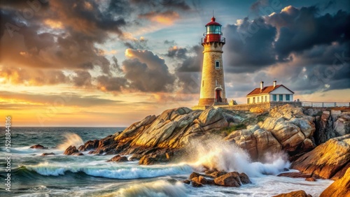 Lighthouse on rocky cape at sunset with vivid sky