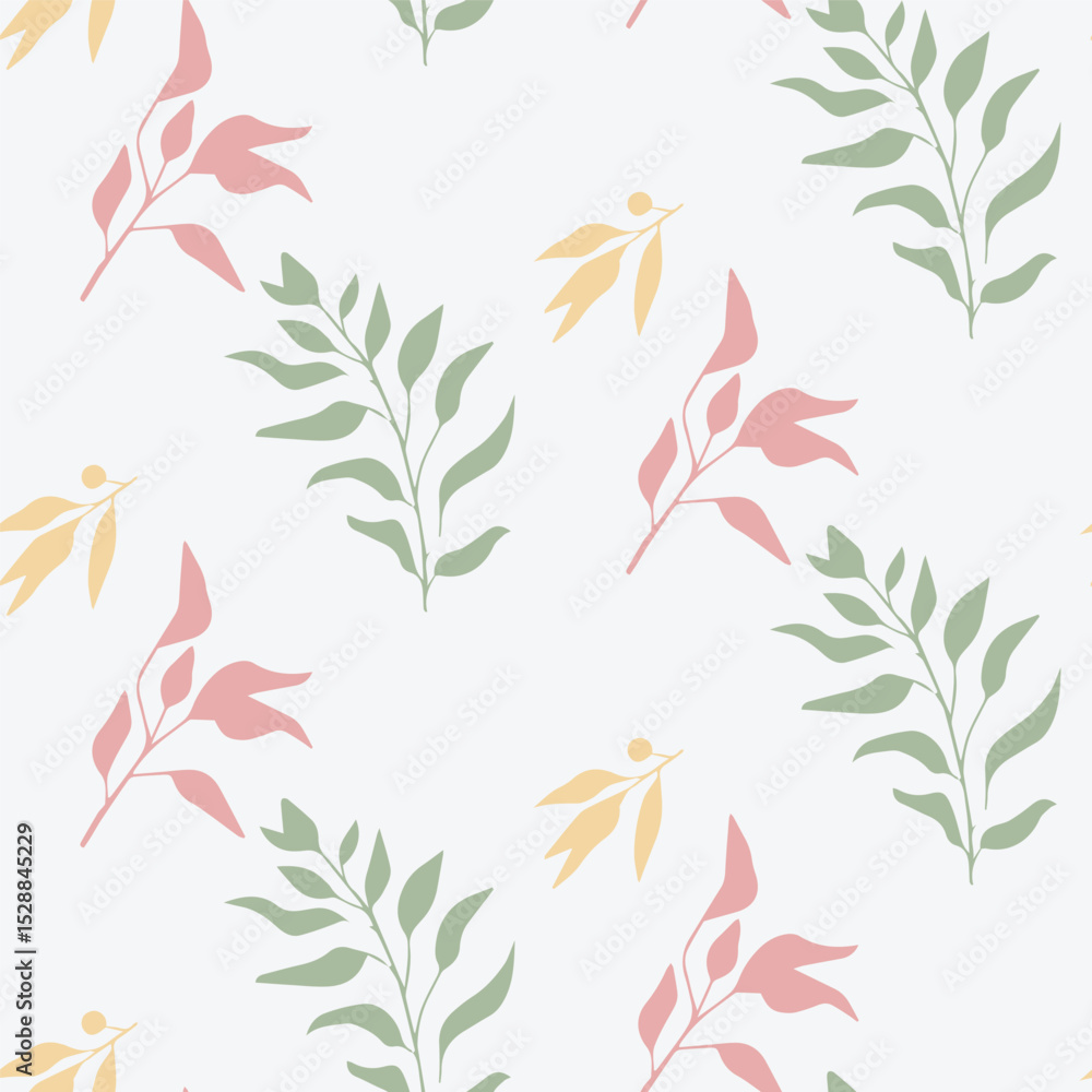 Naklejka premium Minimal Seamless Floral Pattern with Green, Pink, and Yellow Leaves on White Background