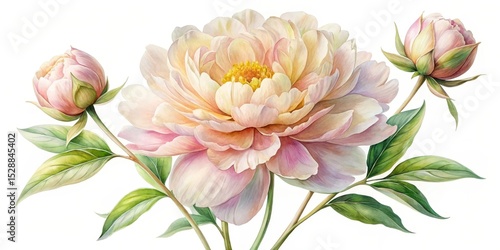 Elegant Delicate Pastel Peony Blooms with Lush Green Foliage, a Botanical Watercolor Painting on White Background