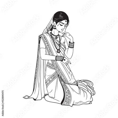 Kneeling Indian Woman in Traditional Saree Line Art  & Illustration