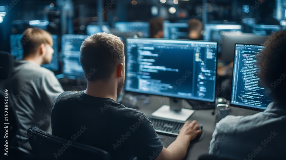 Software developers coding in office for cybersecurity and ai development with multiple screens Software developers coding in office for cybersecurity and ai development with multiple screens