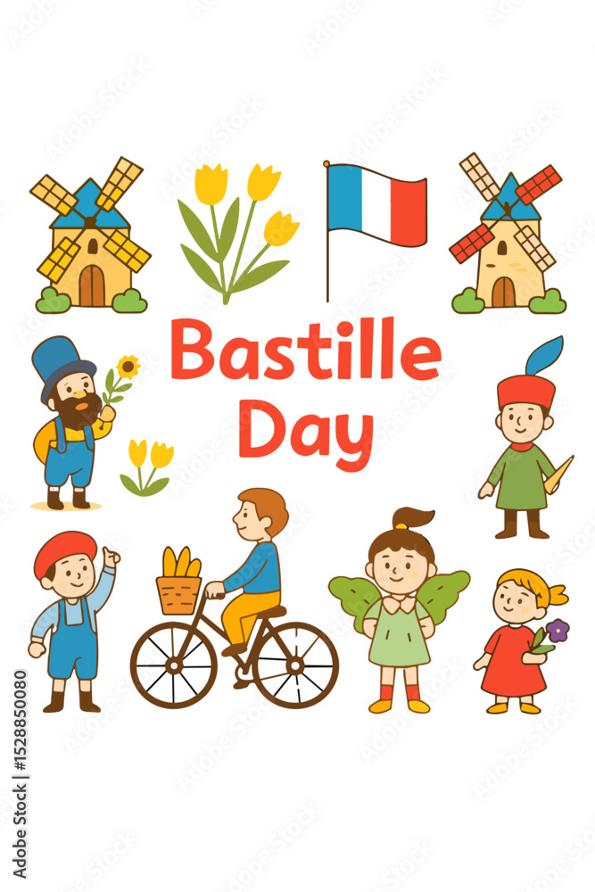 Fototapeta premium Bastille Day Celebration with Kids, Windmills, and French Symbols | Flat Vector Illustration