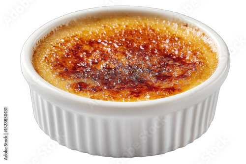 Creamy custard dessert with caramelized topping in white ramekin (1)