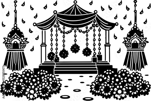 Black and white illustration of a traditional wedding mandap