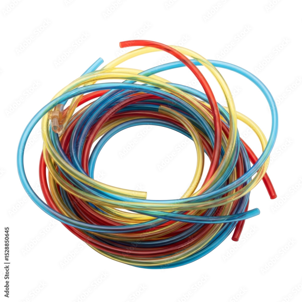 Colorful plastic tubing set in red, blue, and yellow coiled on black background transparent PNG Colorful plastic tubing set in red, blue, and yellow coiled on black background transparent PNG
