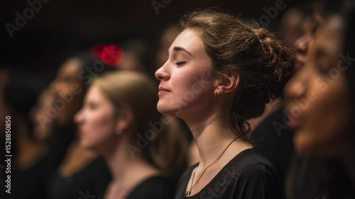 A group of choir members with their eyes closed, their faces upturned in pure bliss and devotion as they sing with all their hearts.