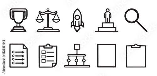 10 Minimalist Business Strategy Icons Set. Collection of business and success icons silhouette, award, trophy, scale, business, success