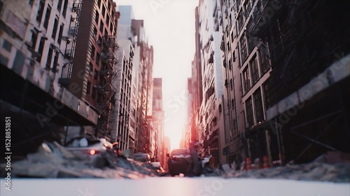 Postapocalyptic urban destruction and golden light
