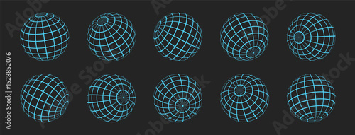 3D wireframes of spheres. Set of globes in various positions. Balls with a grid in brutalist style