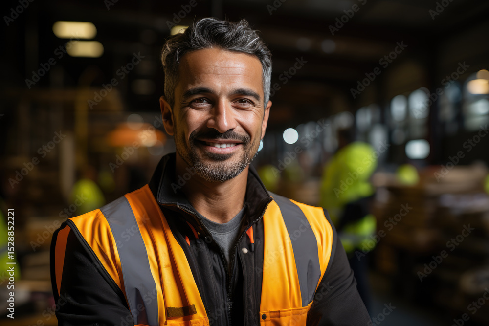 Fototapeta premium This image features a smiling man dressed in a safety vest, representing professionalism and approachability in a busy industrial work setting.