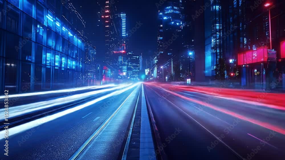 Abstract Night Cityscape with Blurred Motion and Vibrant Lights Featuring Urban Roadways Traffic and Modern Architecture Abstract Night Cityscape with Blurred Motion and Vibrant Lights Featuring Urban Roadways Traffic and Modern Architecture