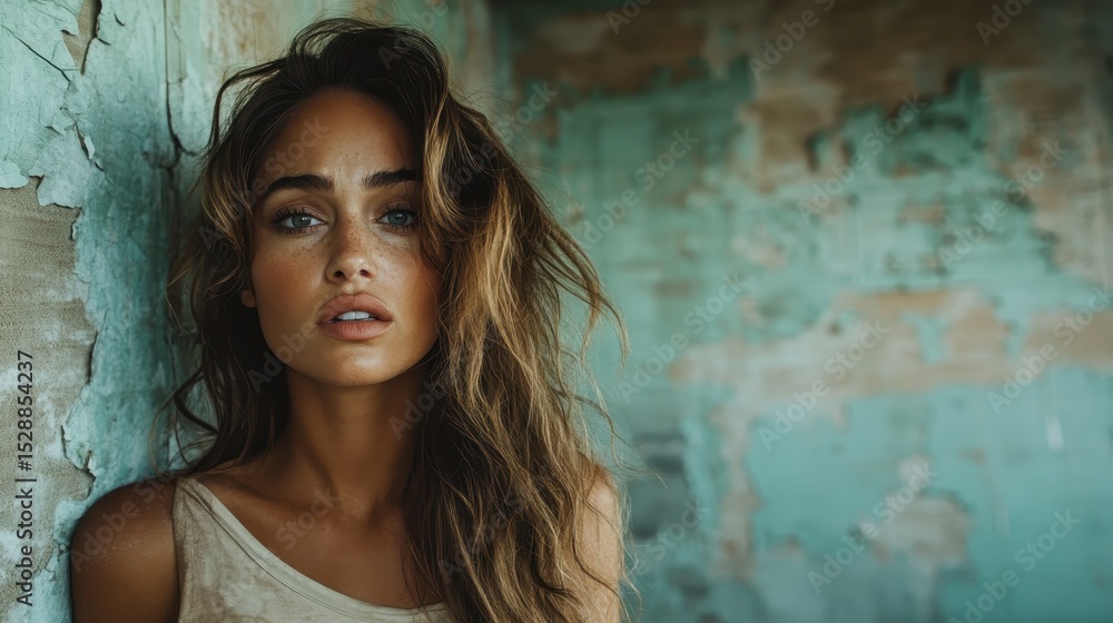 Fototapeta premium A stunning woman with flowing hair stands against a decaying wall, embodying raw beauty. The contrast of her expression with the backdrop evokes curiosity and depth.