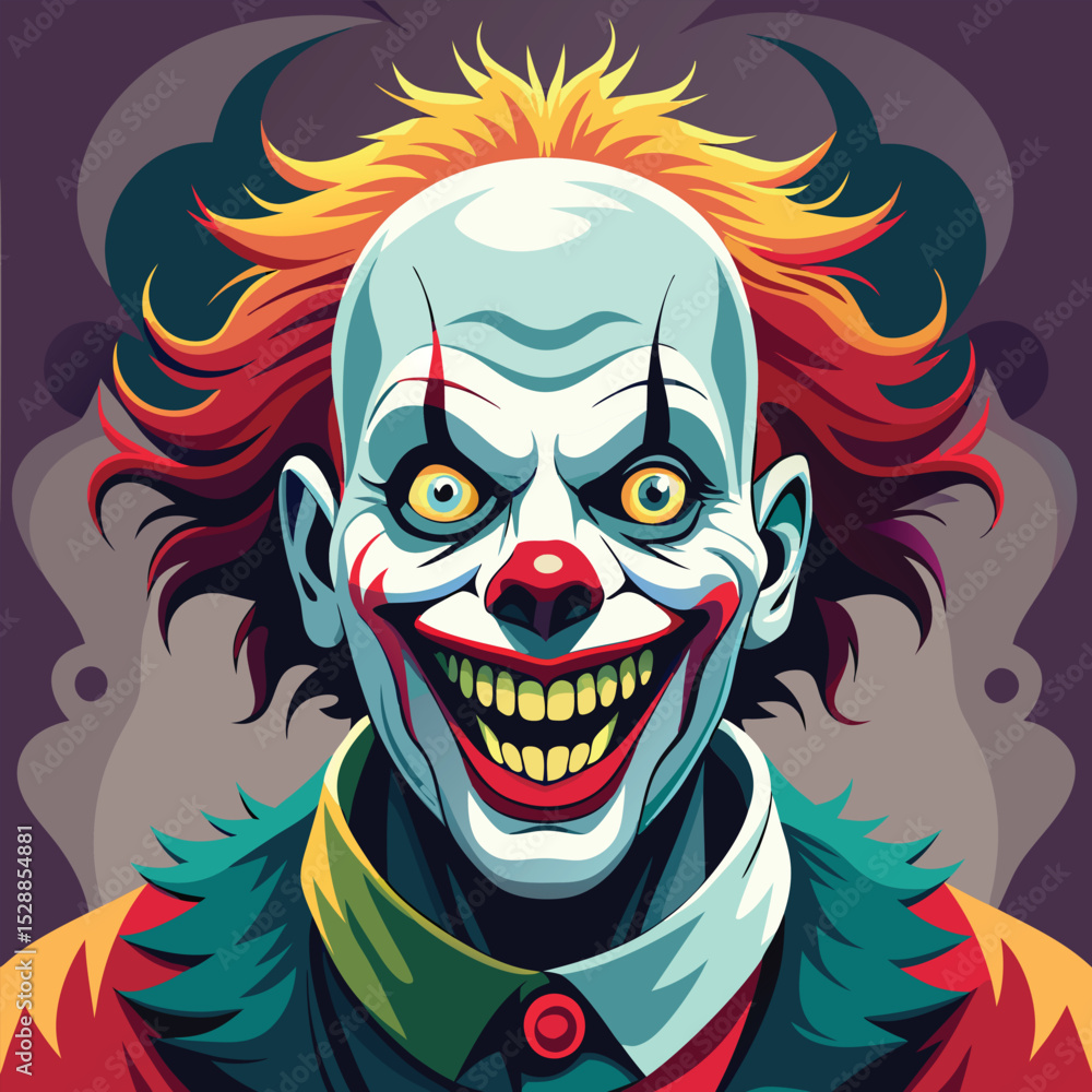 A creepy clown with a sinister smile and colorful hair A creepy clown with a sinister smile and colorful hair