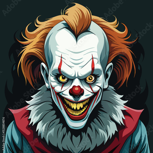 Illustration of a menacing clown with yellow eyes and teeth