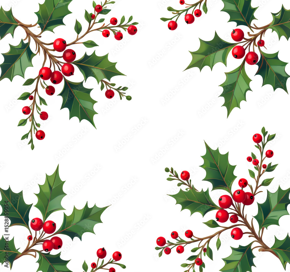 Fototapeta premium Red Holly Berries with Green Leaves, Transparent Cutout, Festive Design Element