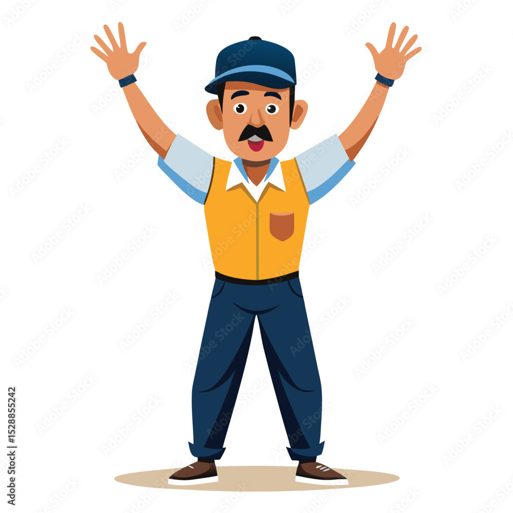 Cartoon man with mustache raising arms wearing cap and vest Cartoon man with mustache raising arms wearing cap and vest