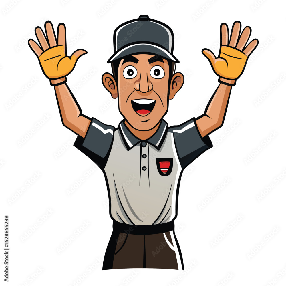 Cartoon man with hands raised wearing gloves and a cap Cartoon man with hands raised wearing gloves and a cap
