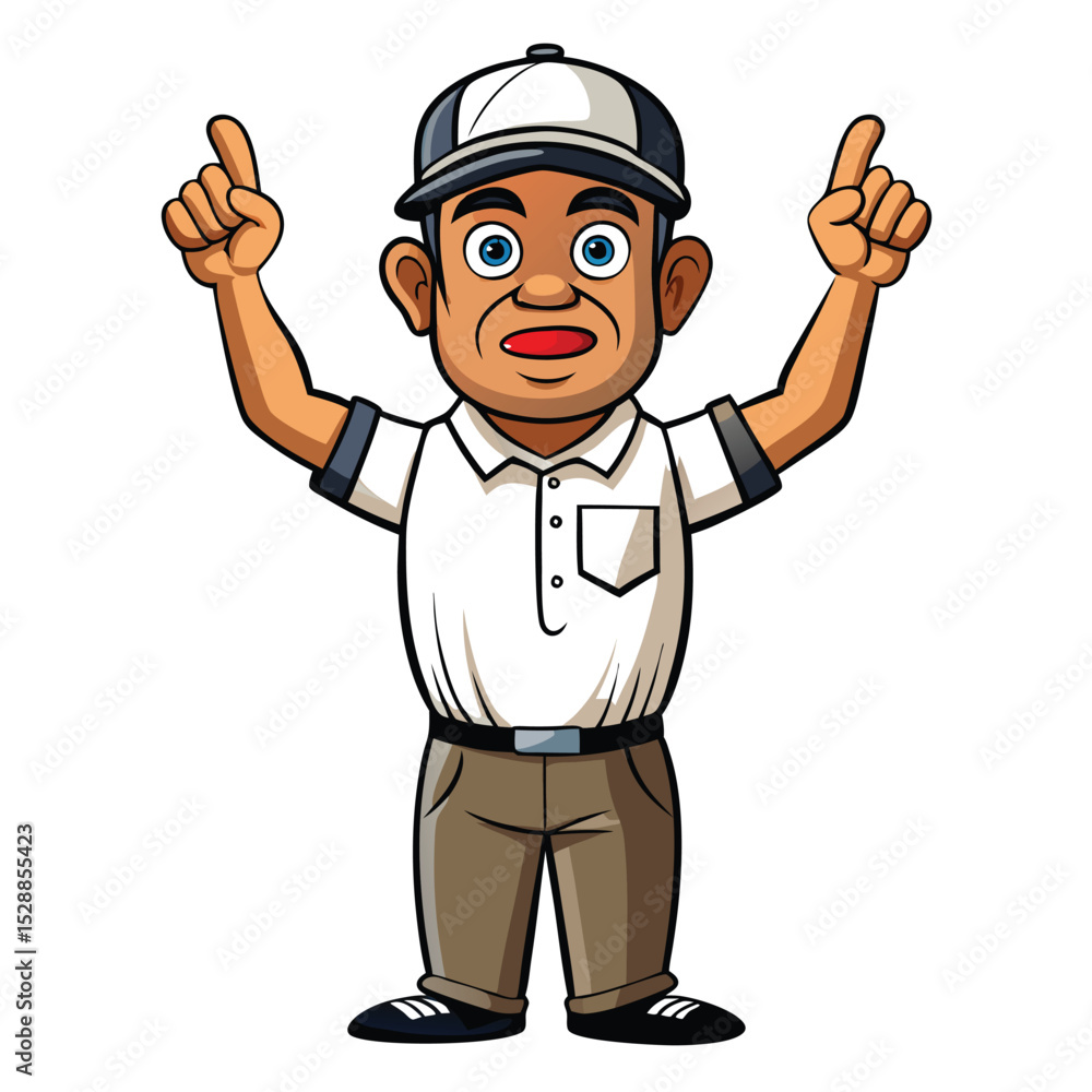 Cartoon man with cap pointing upwards with both hands up Cartoon man with cap pointing upwards with both hands up