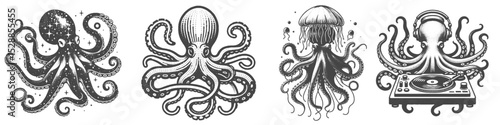 Vintage Hand-Drawn Octopus Collection Illustration, Marine Animal Engraved Style Vector for T-Shirts and Music and Ocean Themes Design