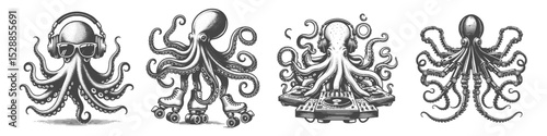 Vintage Hand-Drawn Octopus Collection Illustration, Marine Animal Engraved Style Vector for T-Shirts and Roller Skate and Music Themes Design
