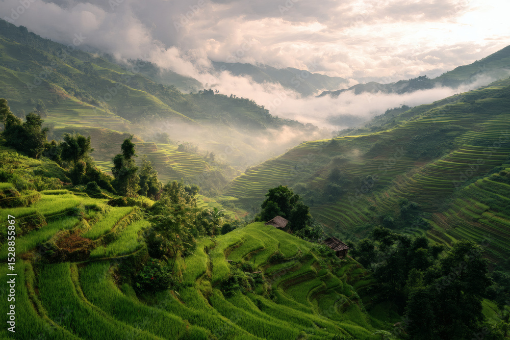 Obraz premium Misty mountain rice terraces landscape in southeast asia