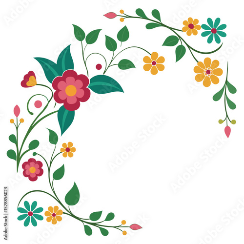 Floral corner design with colorful flowers and green leaves