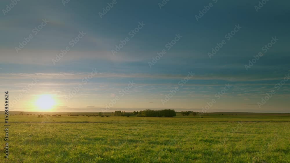 A Stunning and Beautiful Sunset Over Vibrant Lush Green Fields of Nature and Flora Time lapse. A Stunning and Beautiful Sunset Over Vibrant Lush Green Fields of Nature and Flora Time lapse.