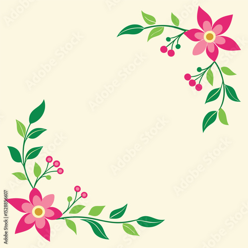 Floral corner design with pink flowers and green foliage
