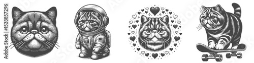 Vintage Hand-Drawn Exotic Shorthair Cat Collection Illustration, Space and Street Style Engraved Vector for T-Shirts and Pop Culture Themes Design