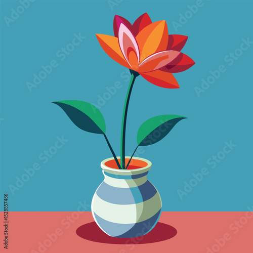 Stylized flower in a vase with leaves on a colored surface