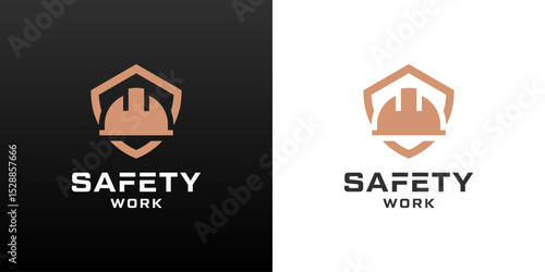 Shield and helmet logos. Safety worker icon for construction services.