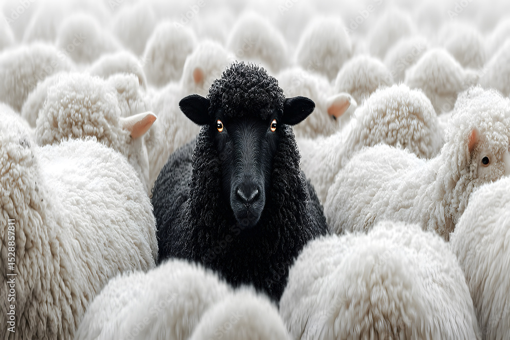 Naklejka premium Amid an endless flock of white sheep, a single black sheep stands out—symbolizing individuality, and the courage to be different