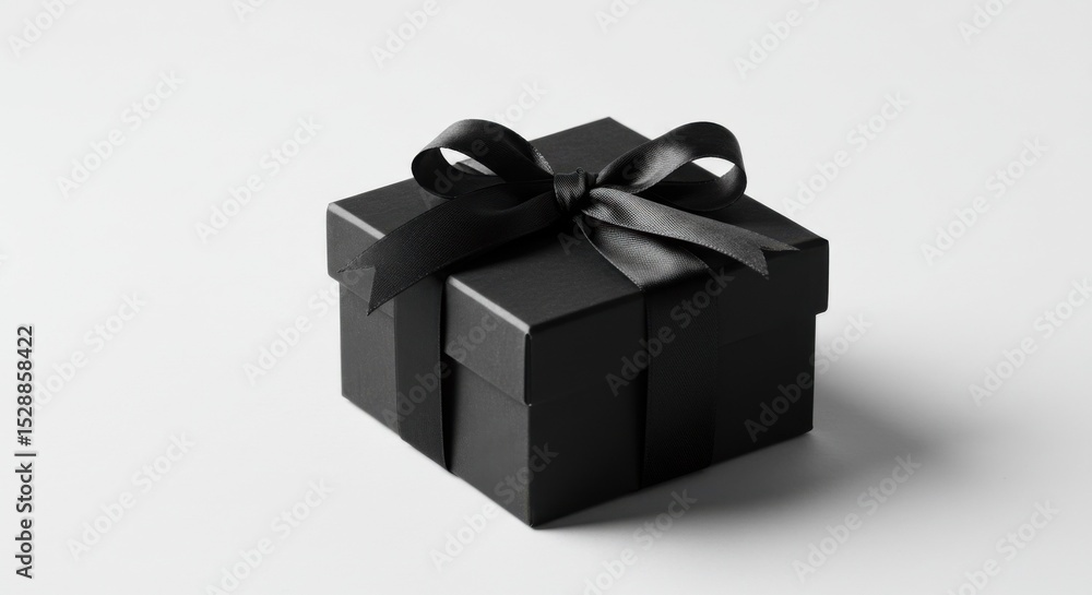 Obraz premium Stylish black gift box with a black ribbon on a white background with copy space 