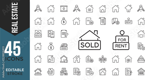 Real Estate Line Icon Set – Buying, Selling, Renting, Mortgage & Loans

