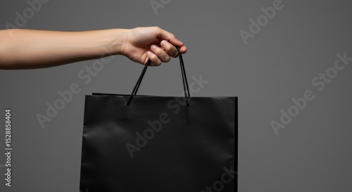 Person holding a black shopping bag with handles against a gray background