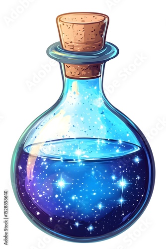 Magical potion bottle with sparkling stars and a cork stopper on white background