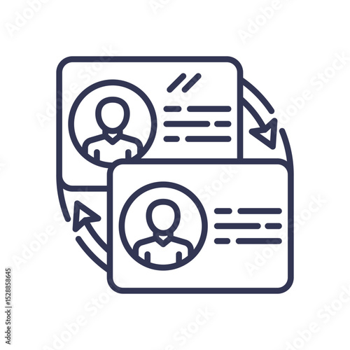 Two profile cards with arrows symbolize career transition and rejoining the workforce.