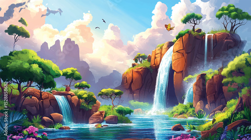 Lush Jungle with Crystal Clear Waterfall.