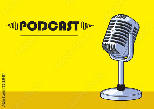 Vintage podcast microphone placed on yellow desk with bold background. Media concept